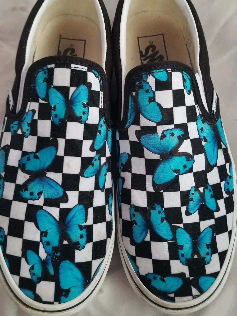 Vans Women's 9 Black & White Checkerboard Slip-Ons with Blue Butterfly Print -31